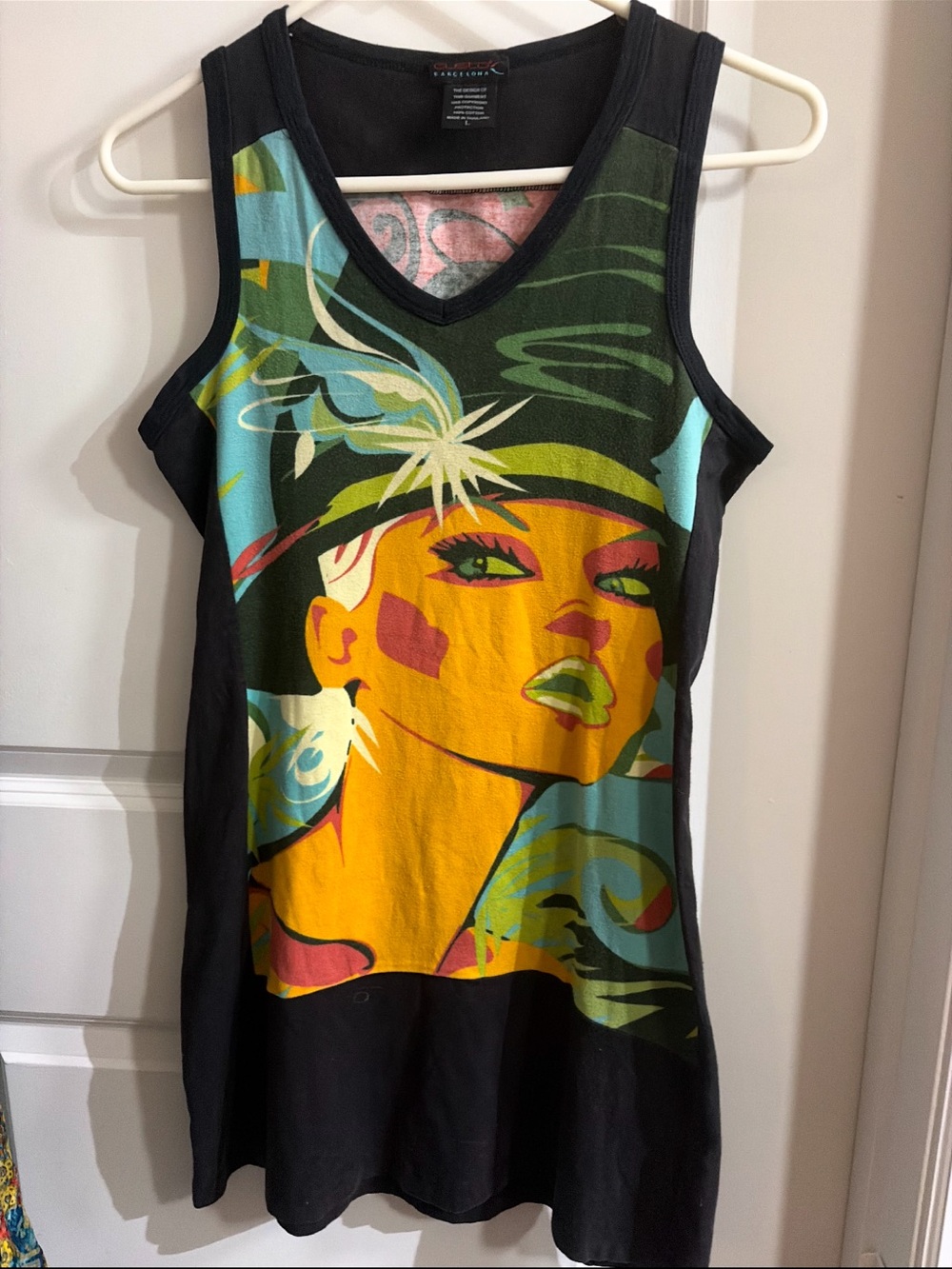 Custo Barcelona Graphic Tank Dress with Colorful Pop-Art Face - Black large